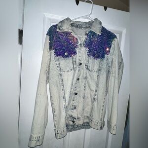 Acid Wash Denim Jacket with Iridescent Sequin Shoulders